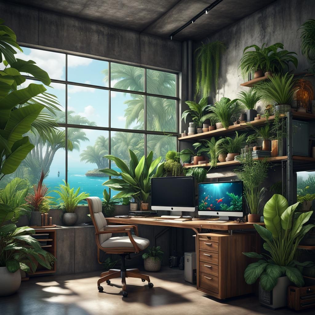 Minimalist Container Home Office with Tropical Fish Tank