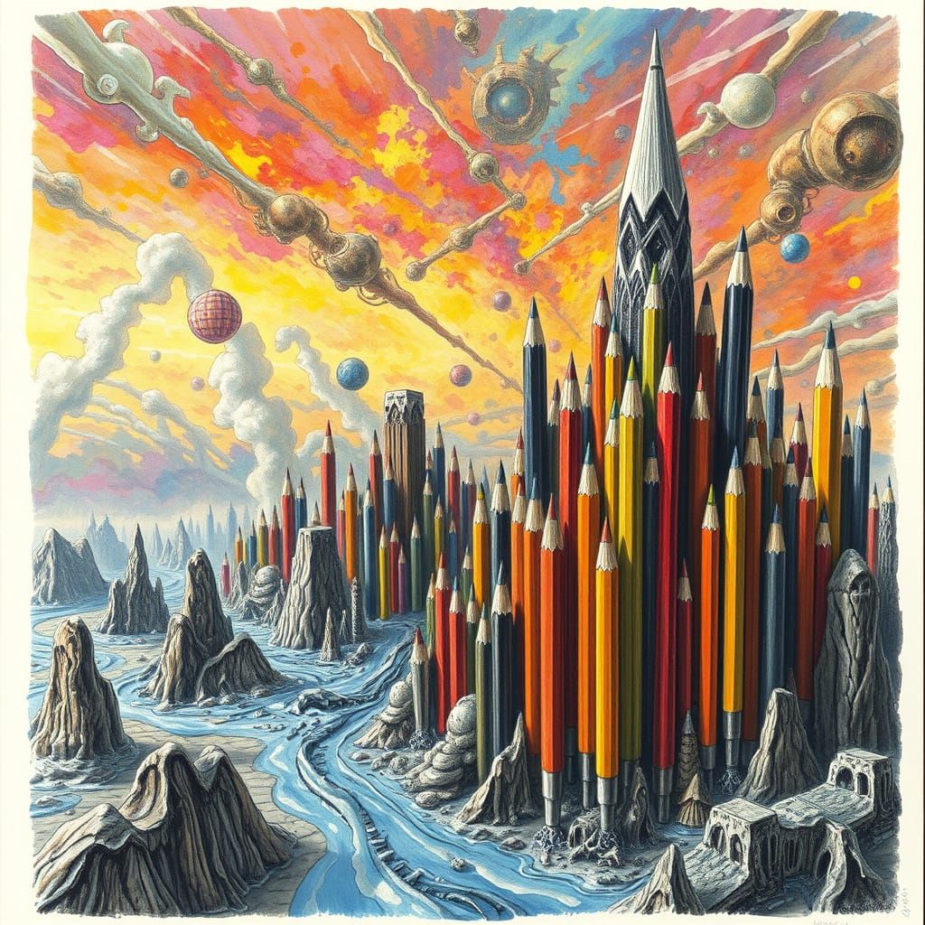 Surreal Pencil Cityscape Melting into Ink Rivers