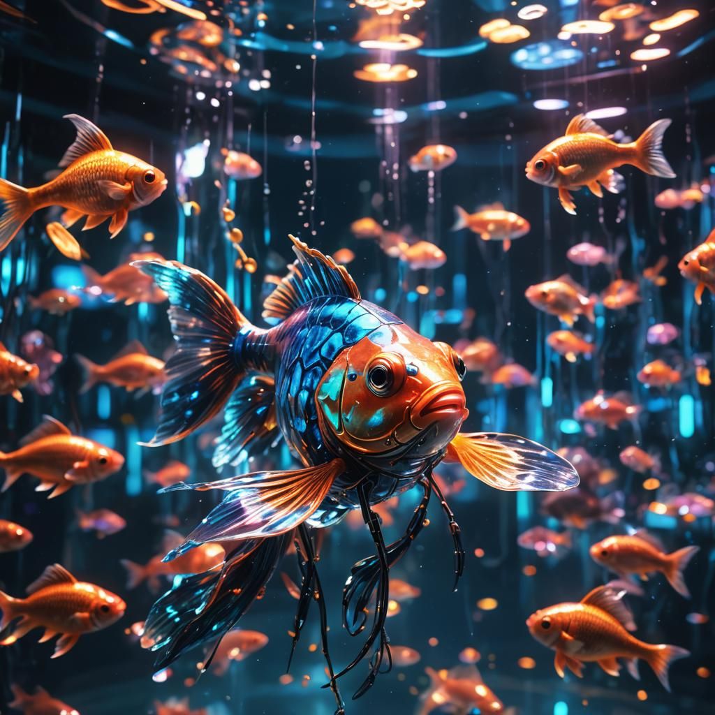 Cyborg Goldfish in Neon Cyberpunk Aquarium