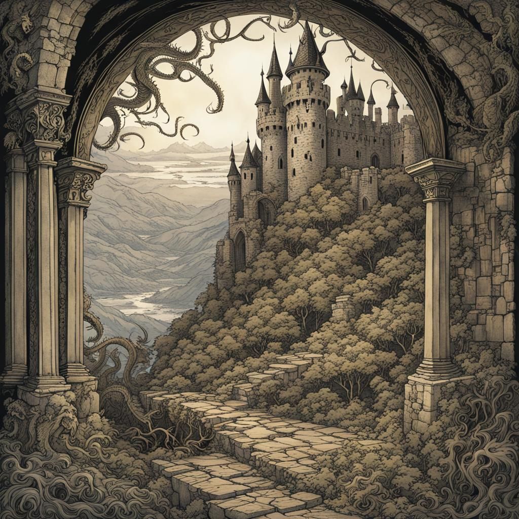 Dragon in Forest Ruins: Arthur Rackham Style