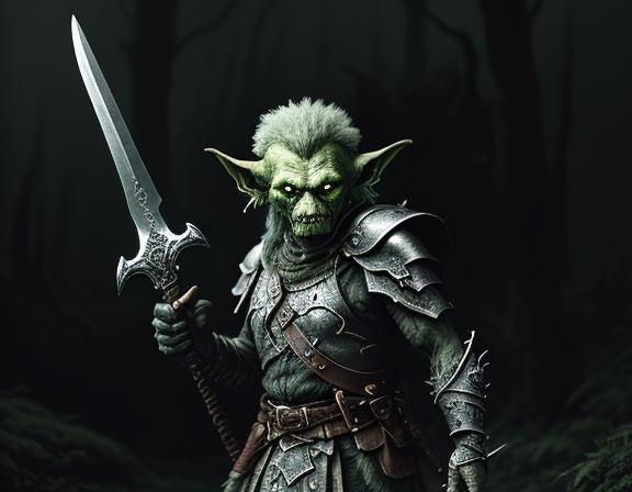 Goblin Warrior in Misty Forest: Dark Fantasy Art