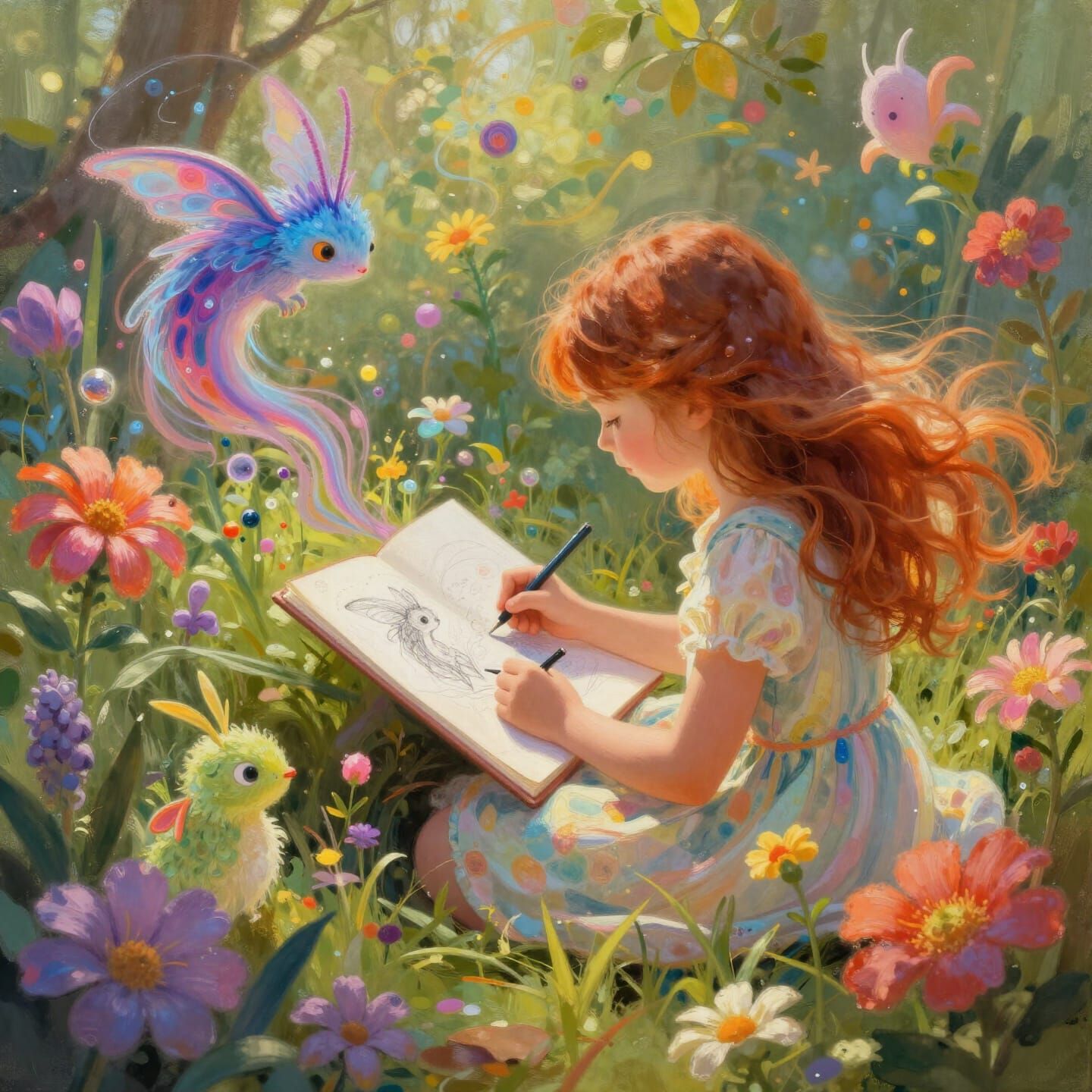 A girl sketching in a vibrant garden