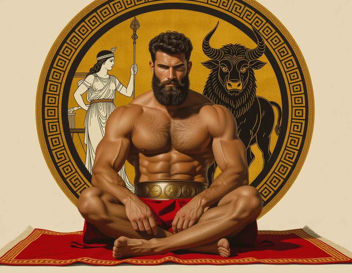 Muscular Man in Soft Shadows, Greek Mural Background