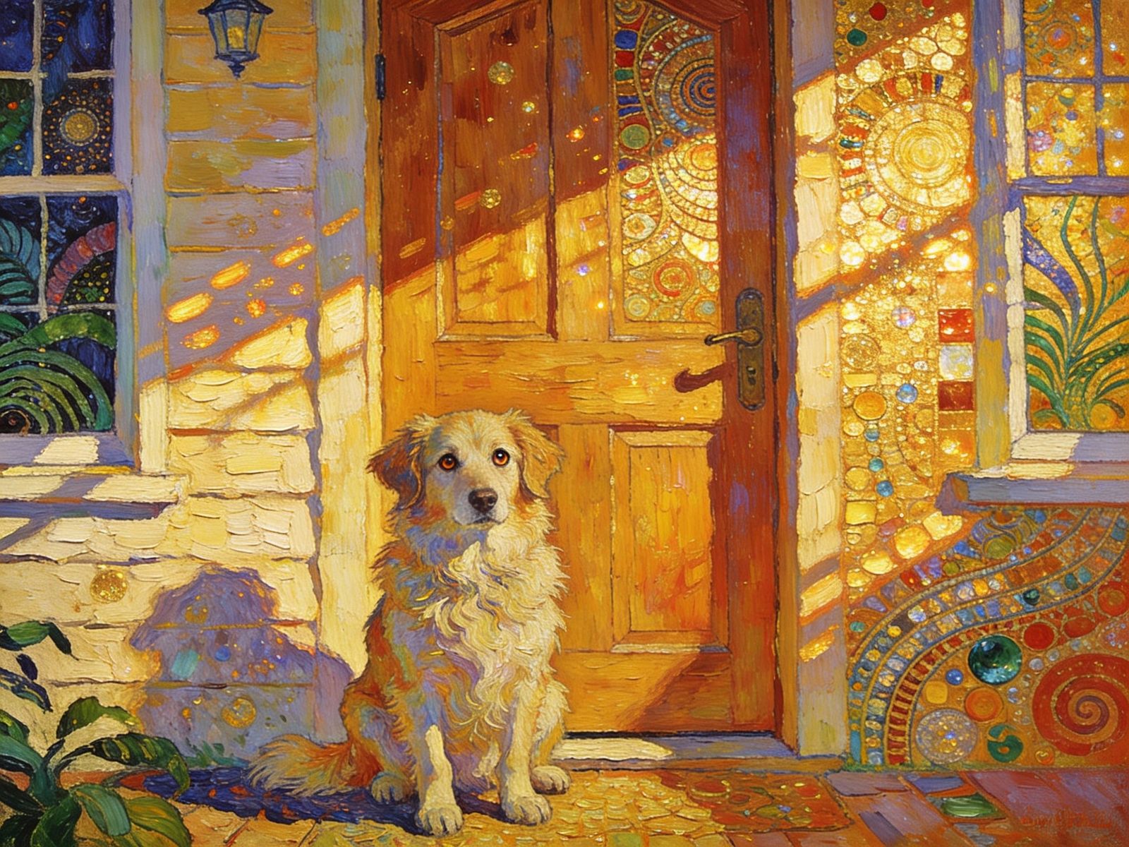 Fluffy Dog Awaiting by Cozy House in Oil Painting Style
