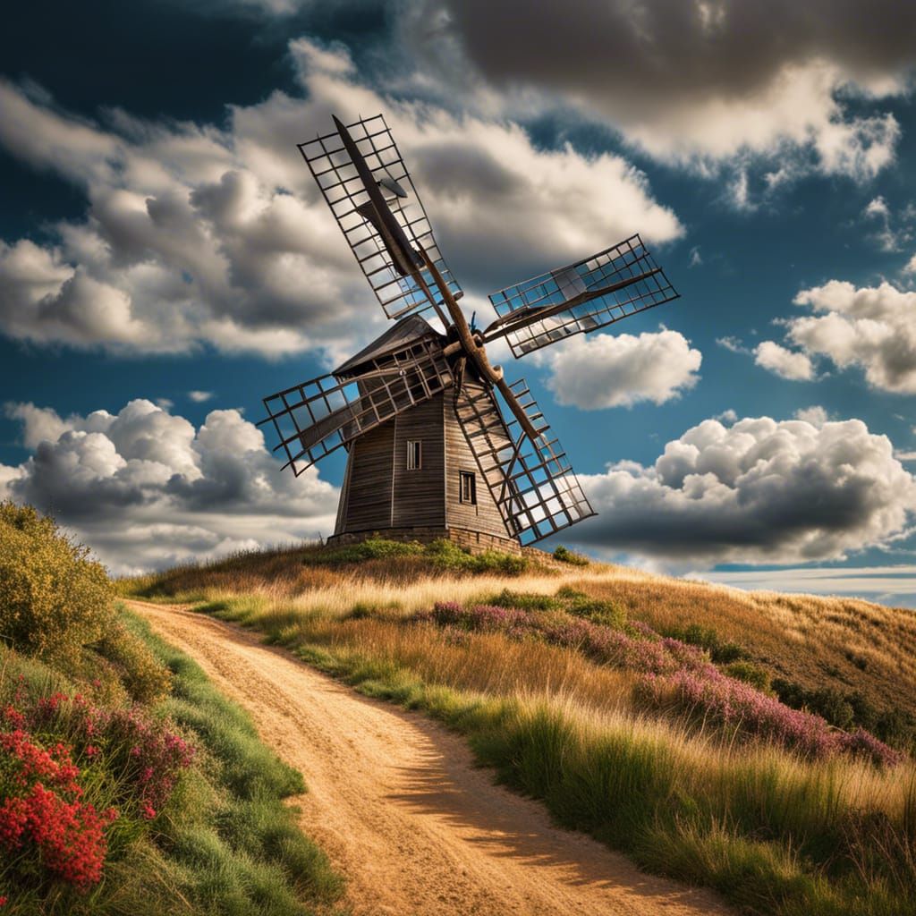 Windmill on Hillside: Hyperrealistic 64 Megapixel Image