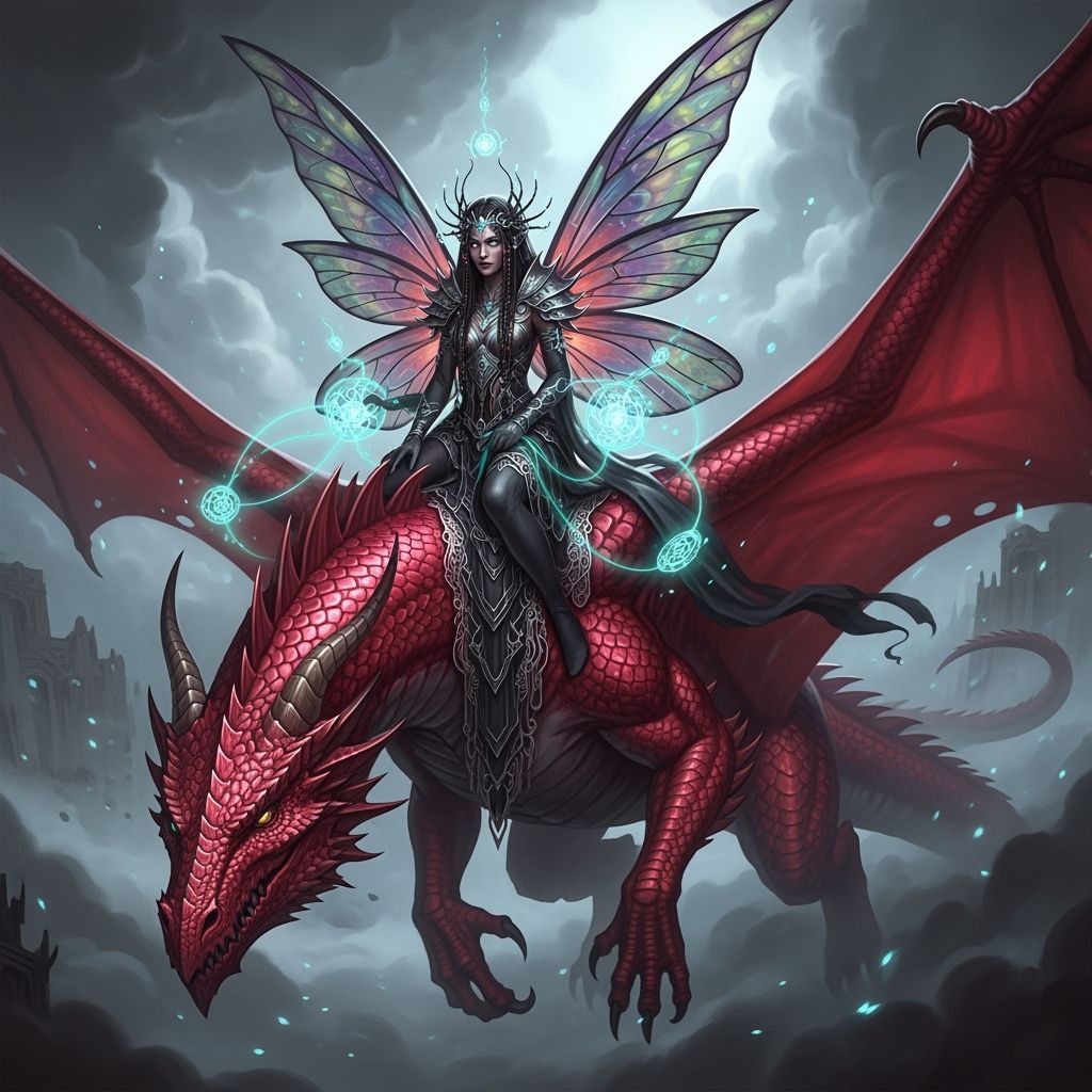 Dark Fairy on Crimson Dragon, Acrylic Airbrush Art