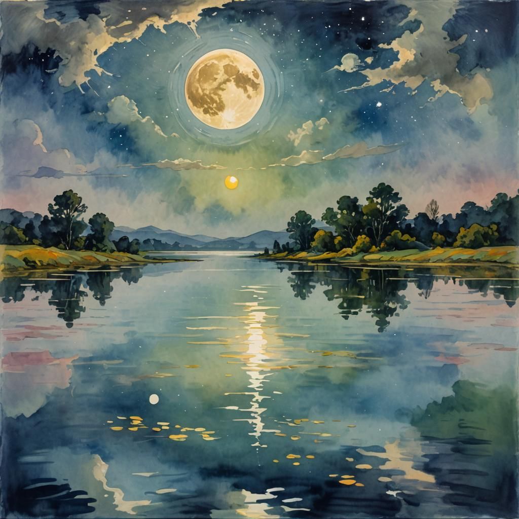 Moon Reflection in Gouache Style Watercolor Painting