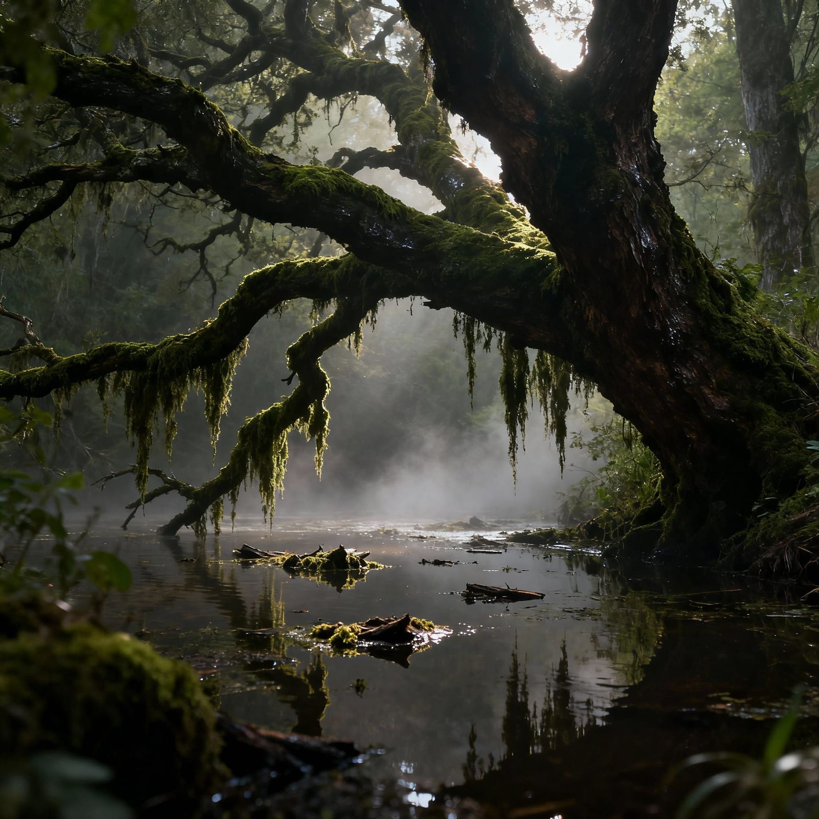 Atmospheric Swamp Scene with Mossy Trees Over Water