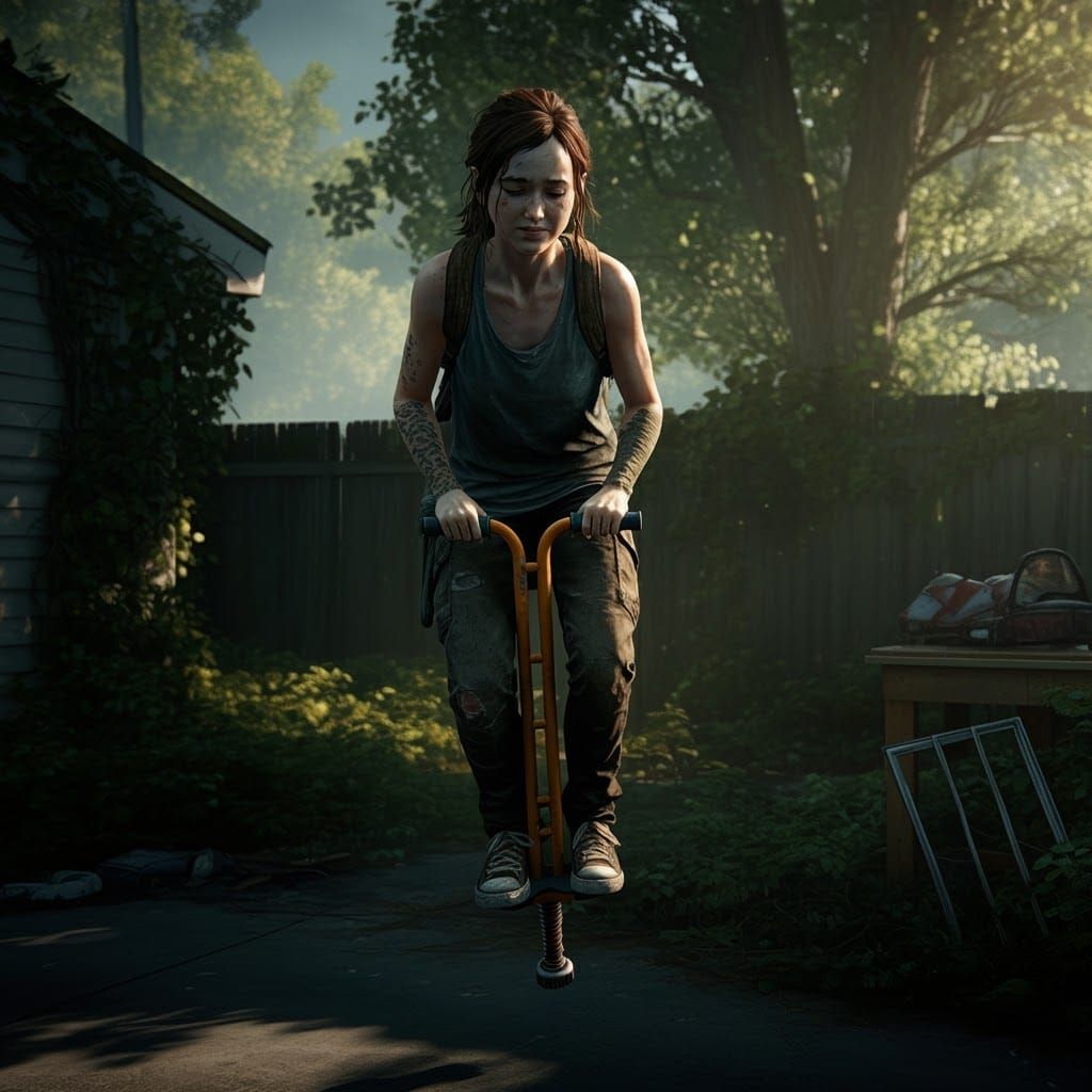 Ellie Bouncing on Pogo Stick in Overgrown Backyard