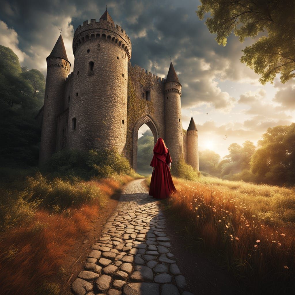 Woman Steps Through Portal to Medieval Castle in Fantasy Pho...