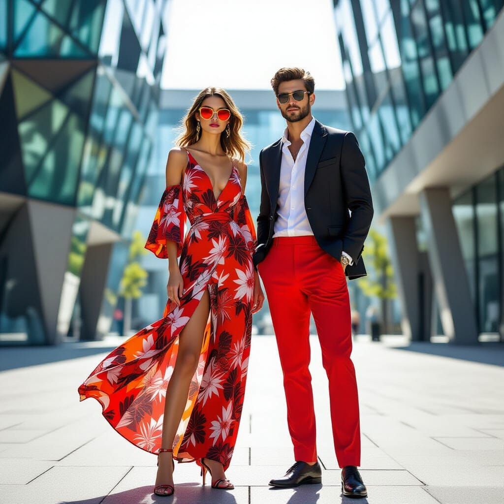 Fashion Models in Urban Plaza, Editorial Style