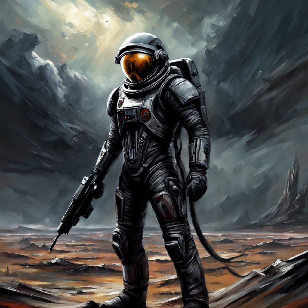 Gothic Spacewalker on Alien Planet in Oil Painting