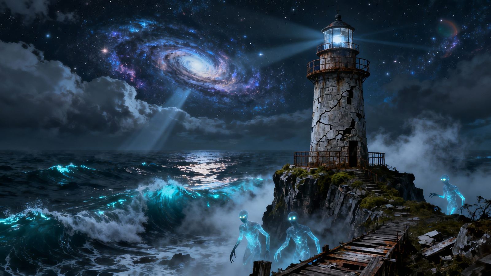 Lighthouse on Jagged Cliff Overlooking Cosmic Ocean