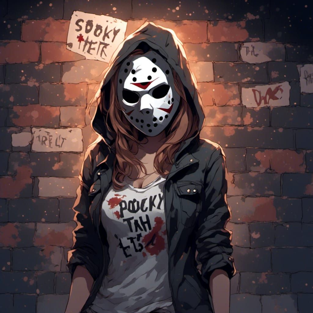 Fox-girl VIXEN wearing a Jason Voorhees hockey mask, spooky Friday the 13th written on a brick wall, dark and moody ligh...