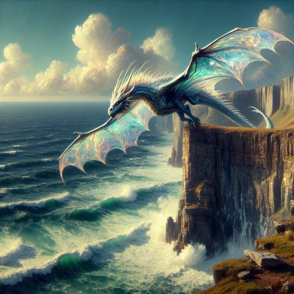 Iridescent Dragon Soaring Over Seacliff: An Oil Painting