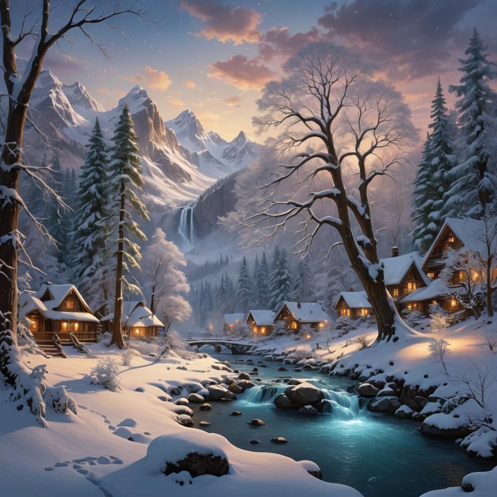 Enchanting Winter Valley Snowscape in Matte Painting Style