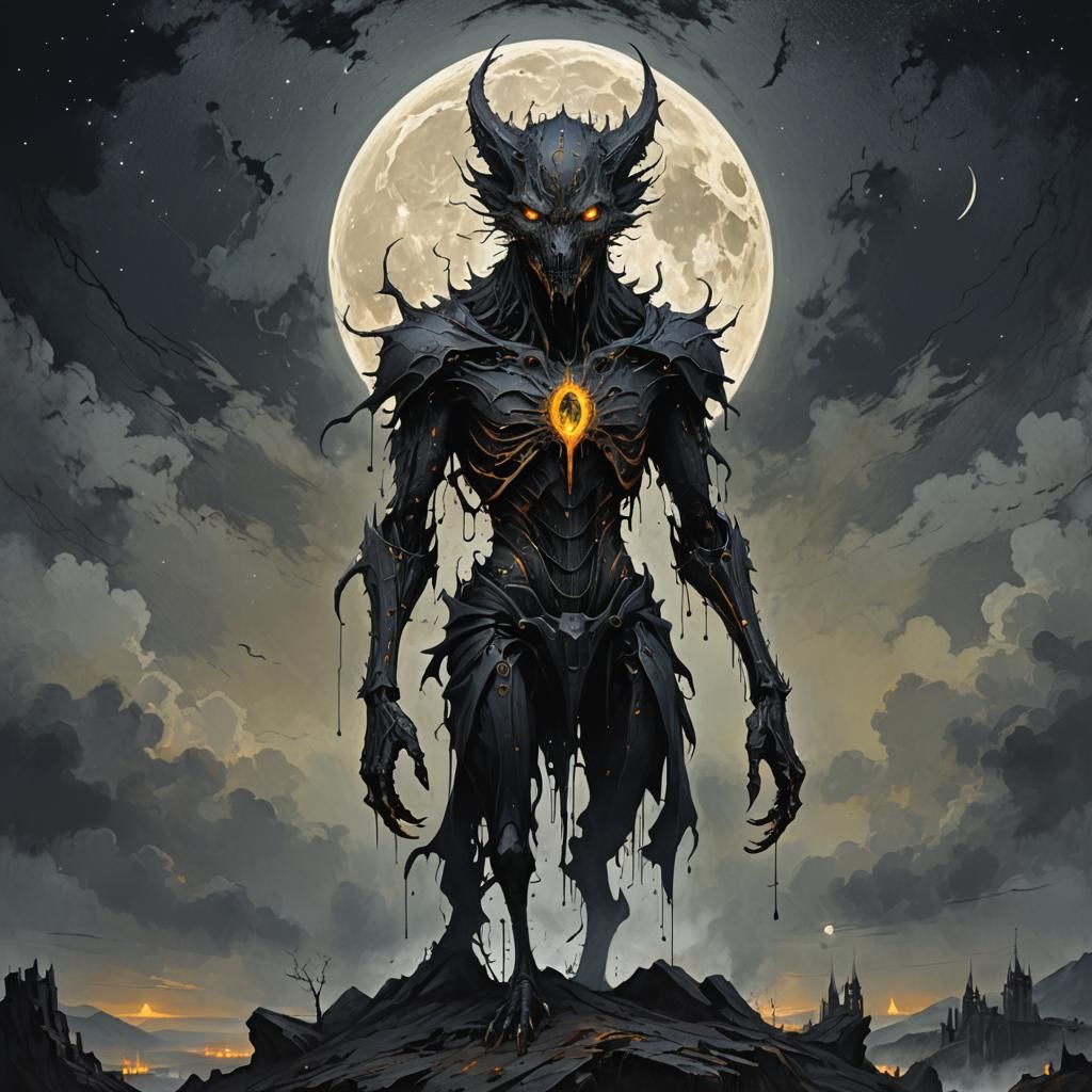 Gothic Hybrid Creature with Yellow Eyes in Black and Orange