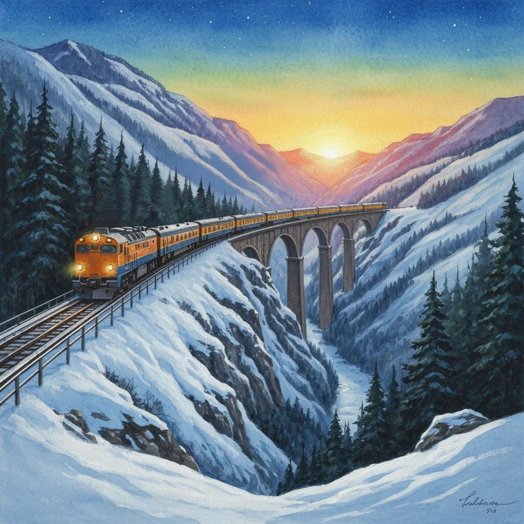 Dynamic Train Crossing Snowy Bridge at Sunrise
