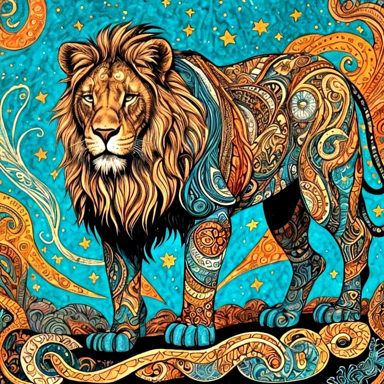 Cosmic Lion on Floating Island in Abstract Style