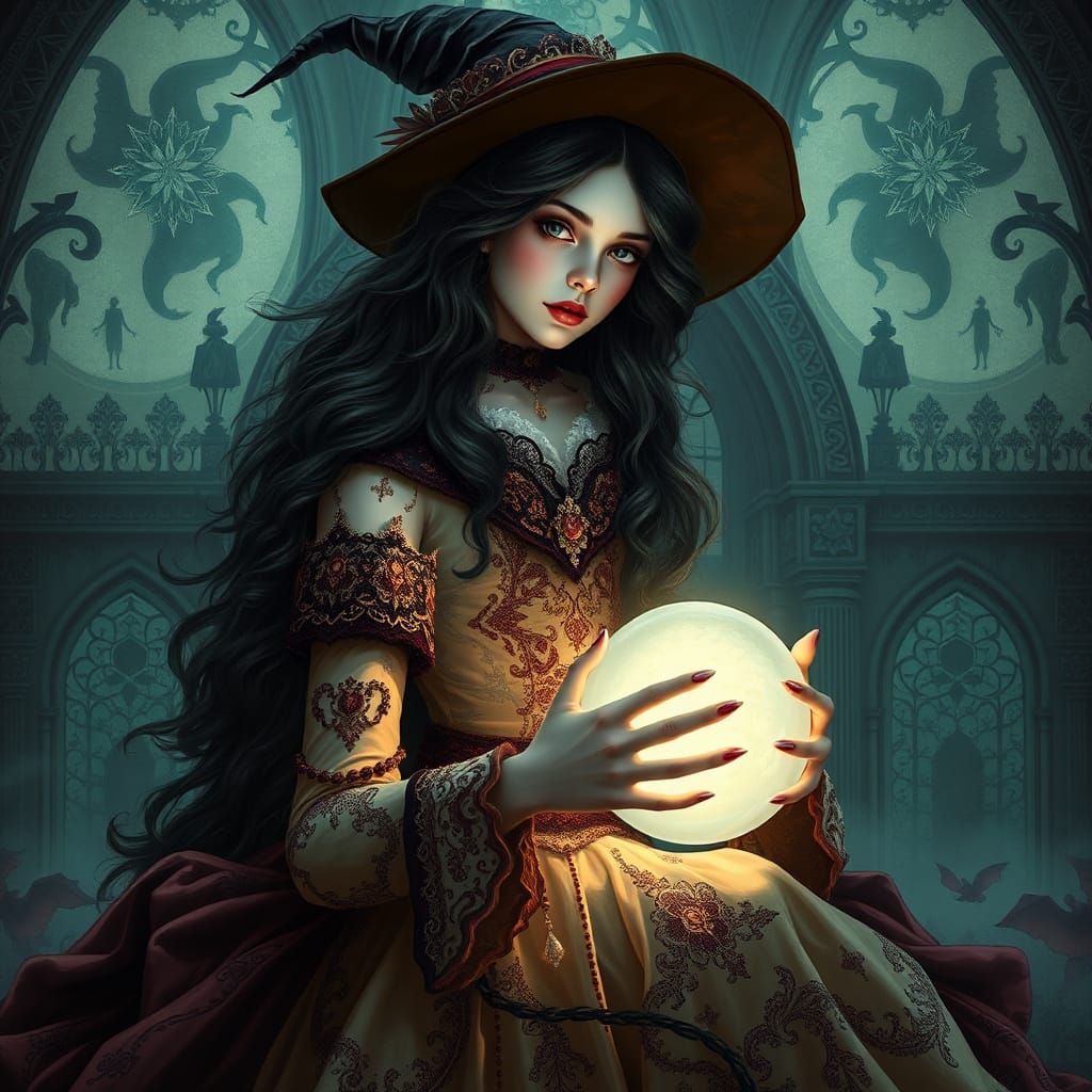 Victorian Witch with Crystal Ball in Pop Surrealist Style