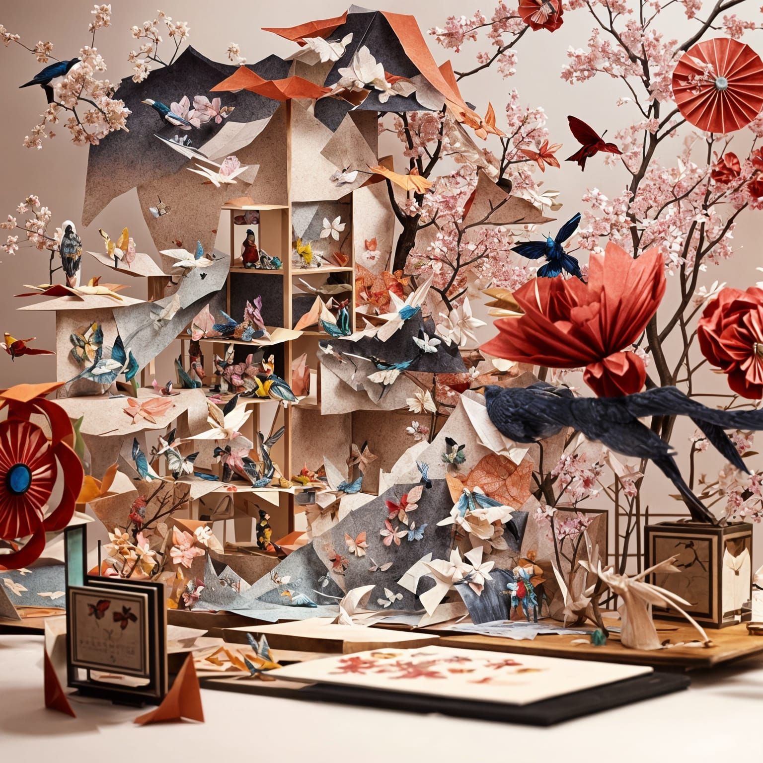 Japanese Floral Fantasy with Birds and Butterflies in Origam...