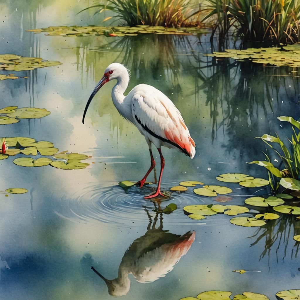 Ibis in Pond Watercolor Splash Art