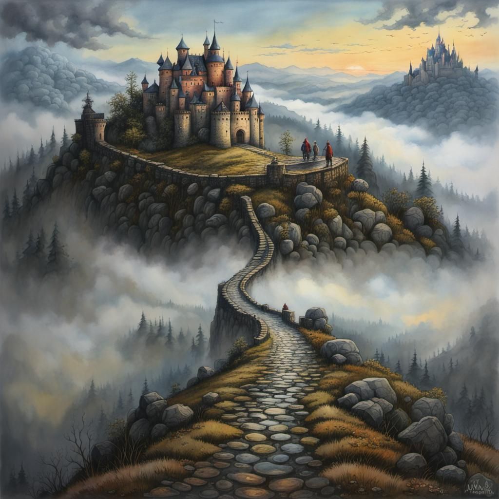 Narrow cobblestone path leading to the fake castle