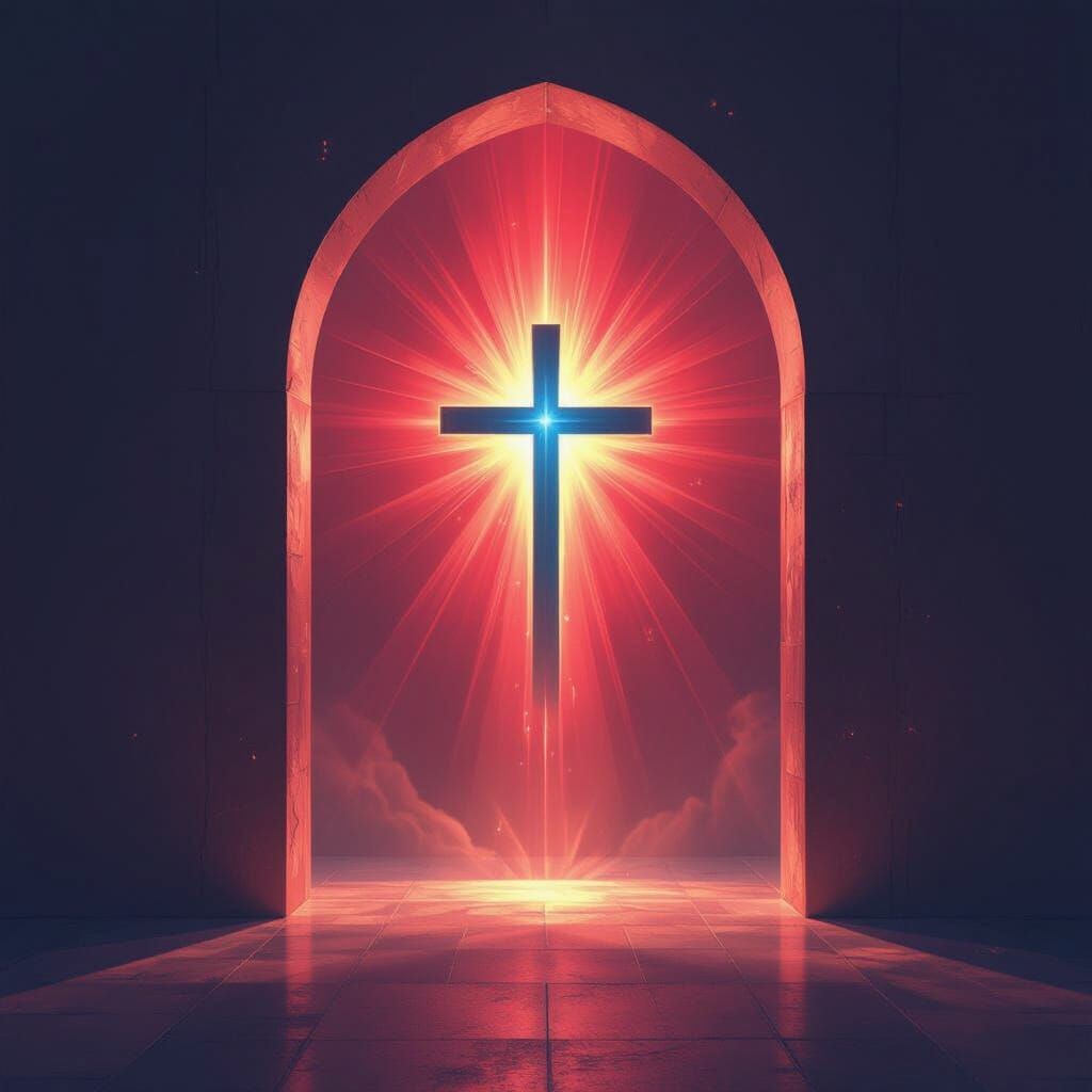 Ethereal Red Arch with Blue Cross, Abstract Expressionist St...