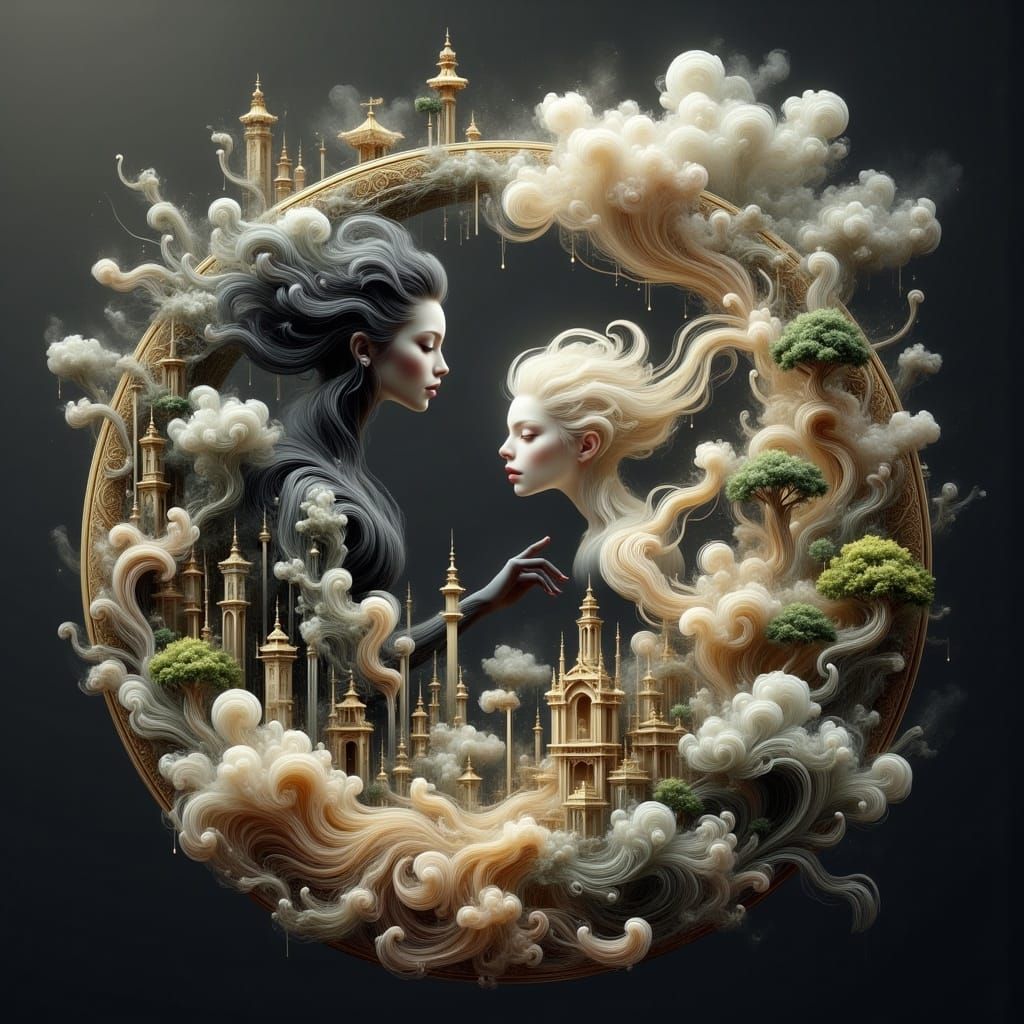 Ethereal Yin Yang Surrealism with Geisha and Victorian Cotta...