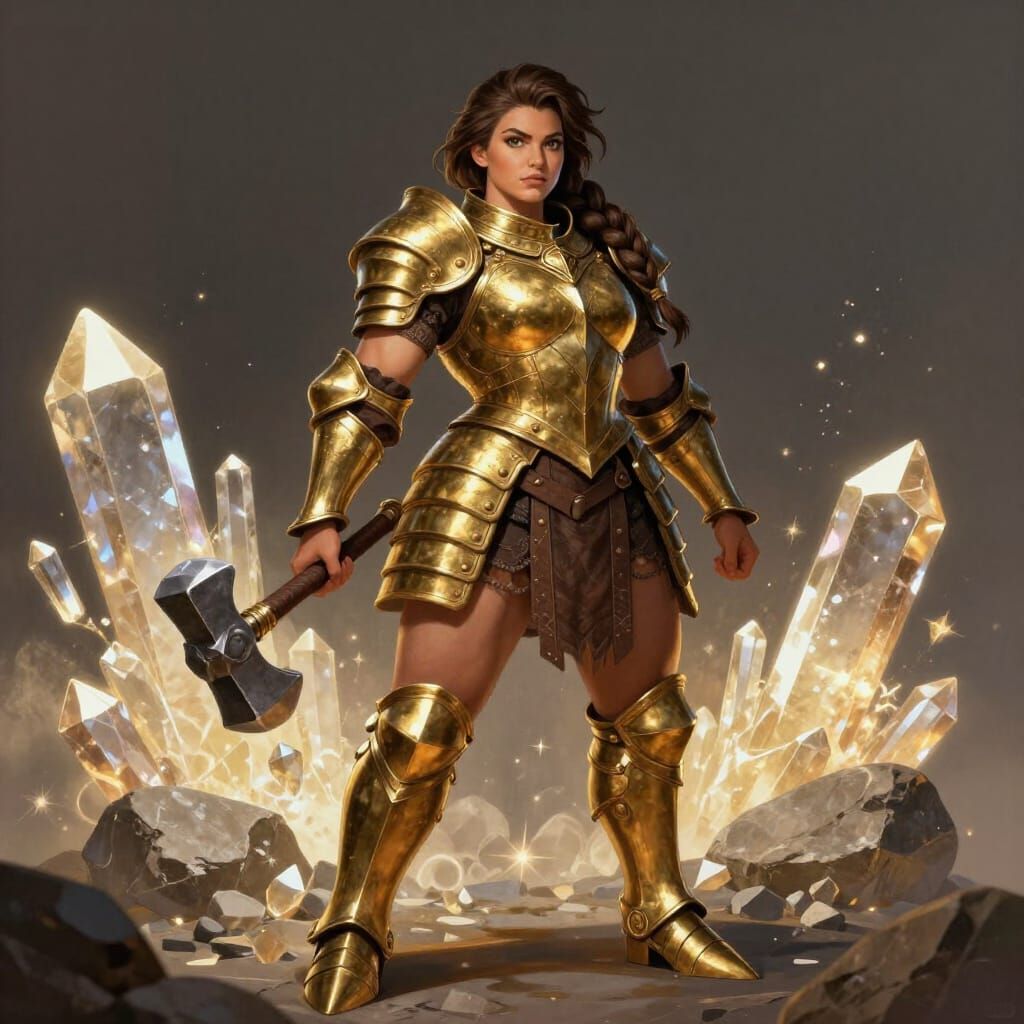Muscular Warrior Woman in Brass Armor Holding War Hammer