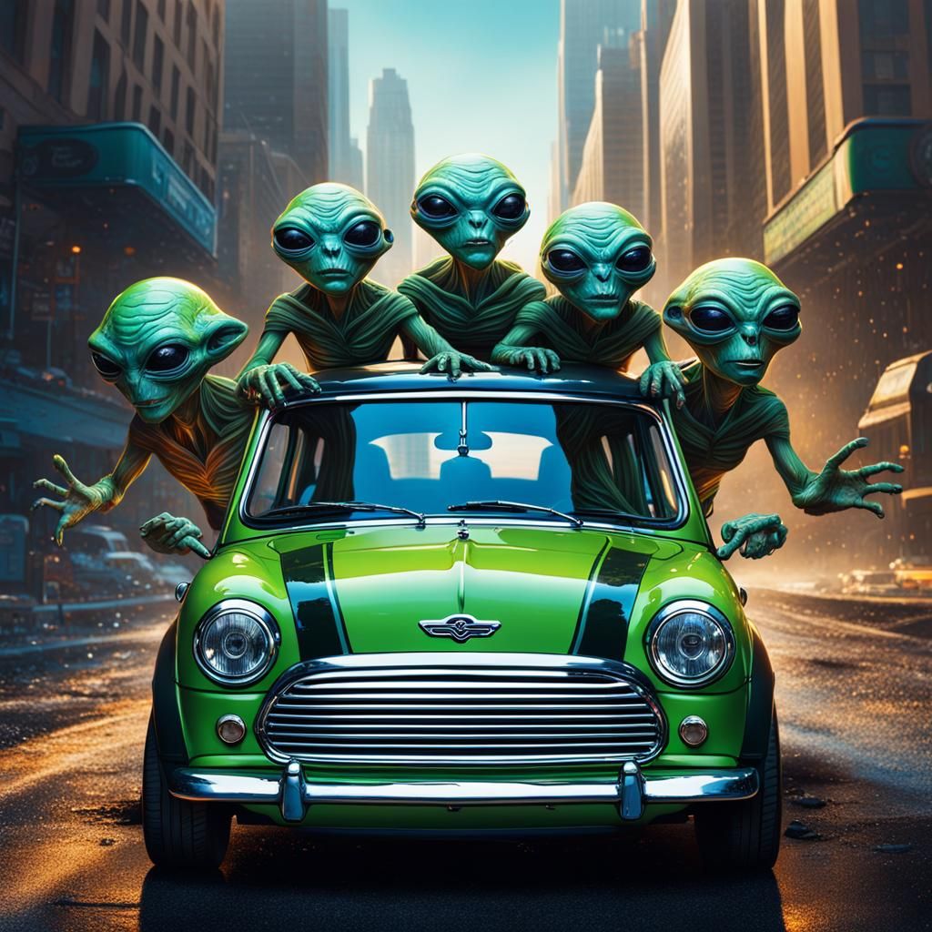 Five Aliens in a Mini Cooper: Hyperrealistic Splash Art