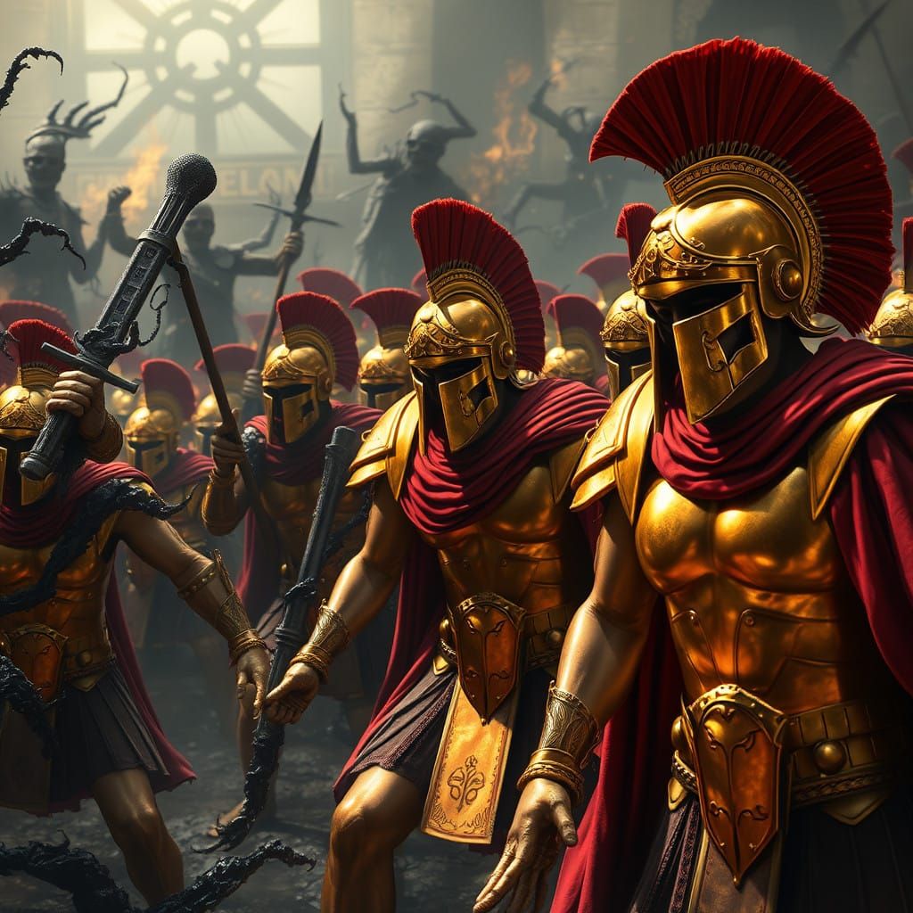 Golden Armored Spartans Confront Undead Legion in Dark, Eeri...