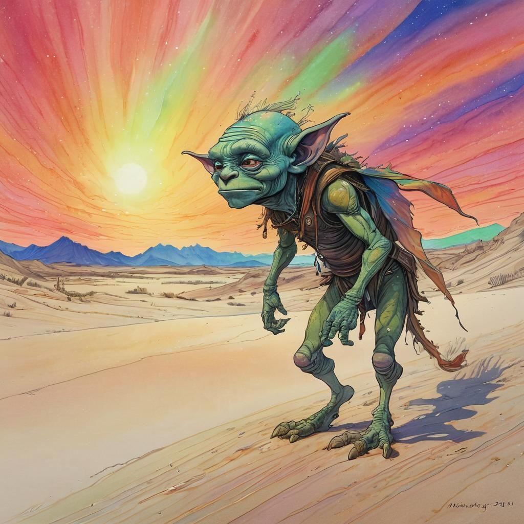 Goblin Walks Under Aurora: Fantasy Ink Drawing