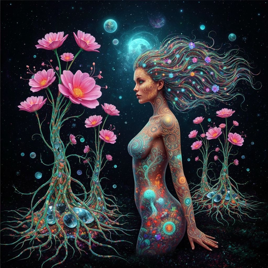 Bioluminescent Garden with Mirrored Roots and Glowing Woman