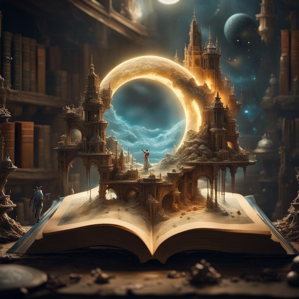 Sci-Fi World Emerges from Book, Digital Illustration