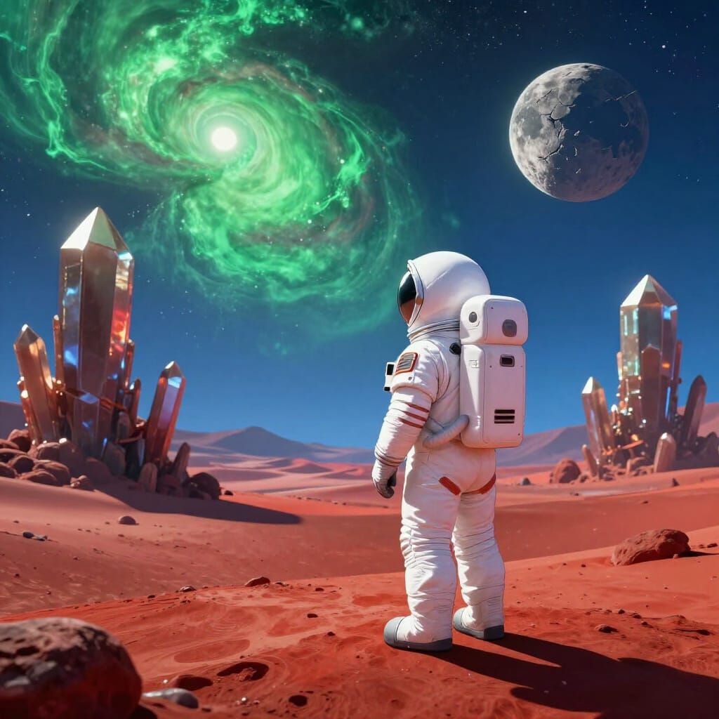 Cartoon Astronaut on Crimson Planet Under Green Nebulae Sky