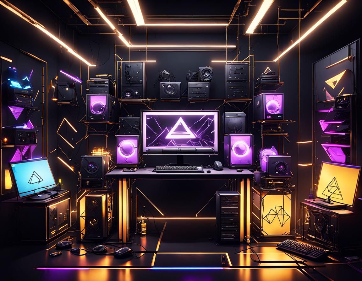 PC Gaming Set. Pro Level with Deus Ex style. Noir cyberpunk, Minimalistic, retrolights, metallic, origami shapes and tri...