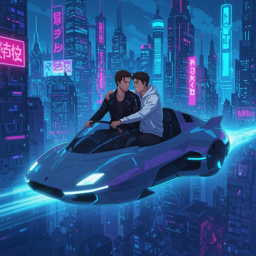 Anime Gay Couple Soaring Through Sci-Fi City