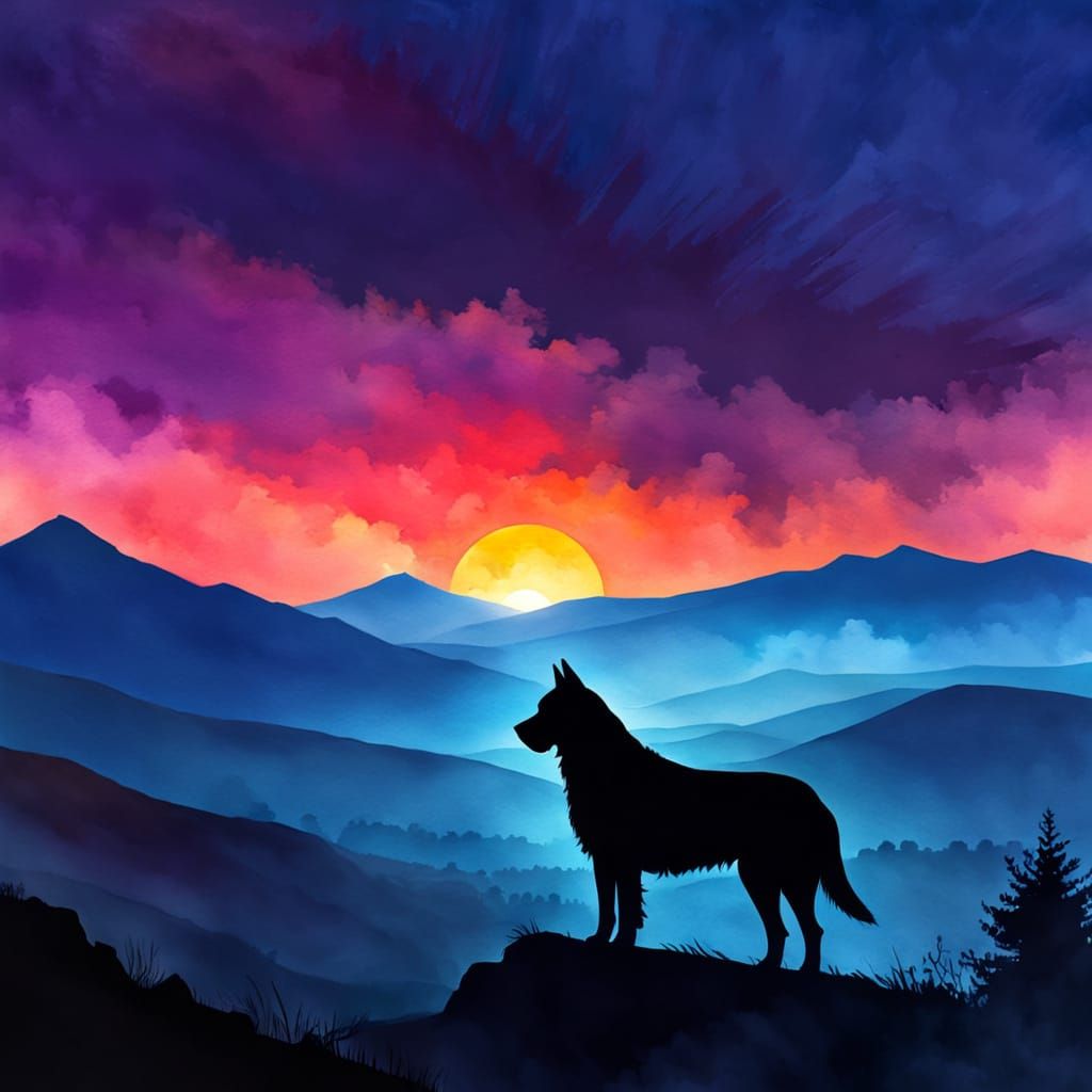 Dog Silhouette at Sunset in Digital Watercolor