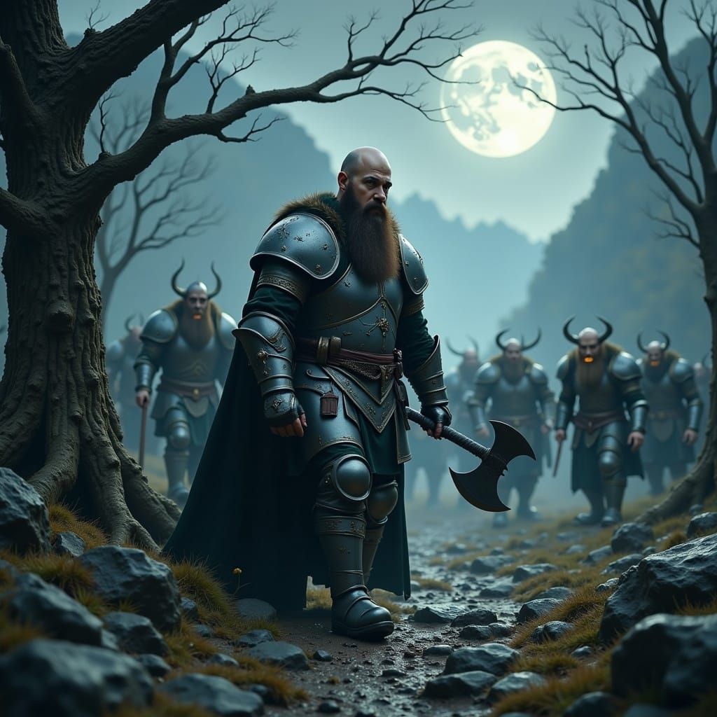 Dwarf Lord Azaghâl Battles Orcs in Dark Fantasy Landscape