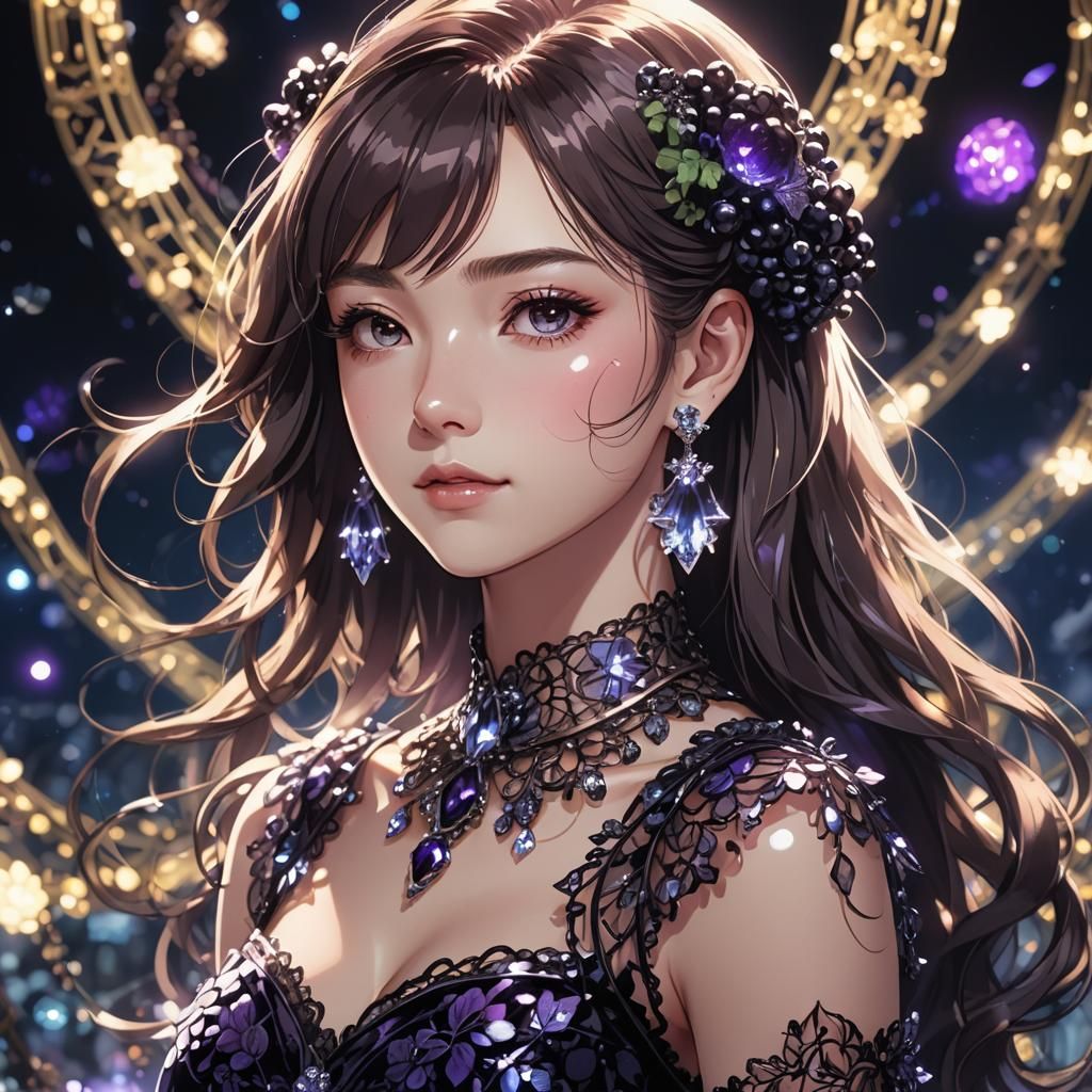 Woman in Blackberry Dress: Cel-Shaded Anime Portrait