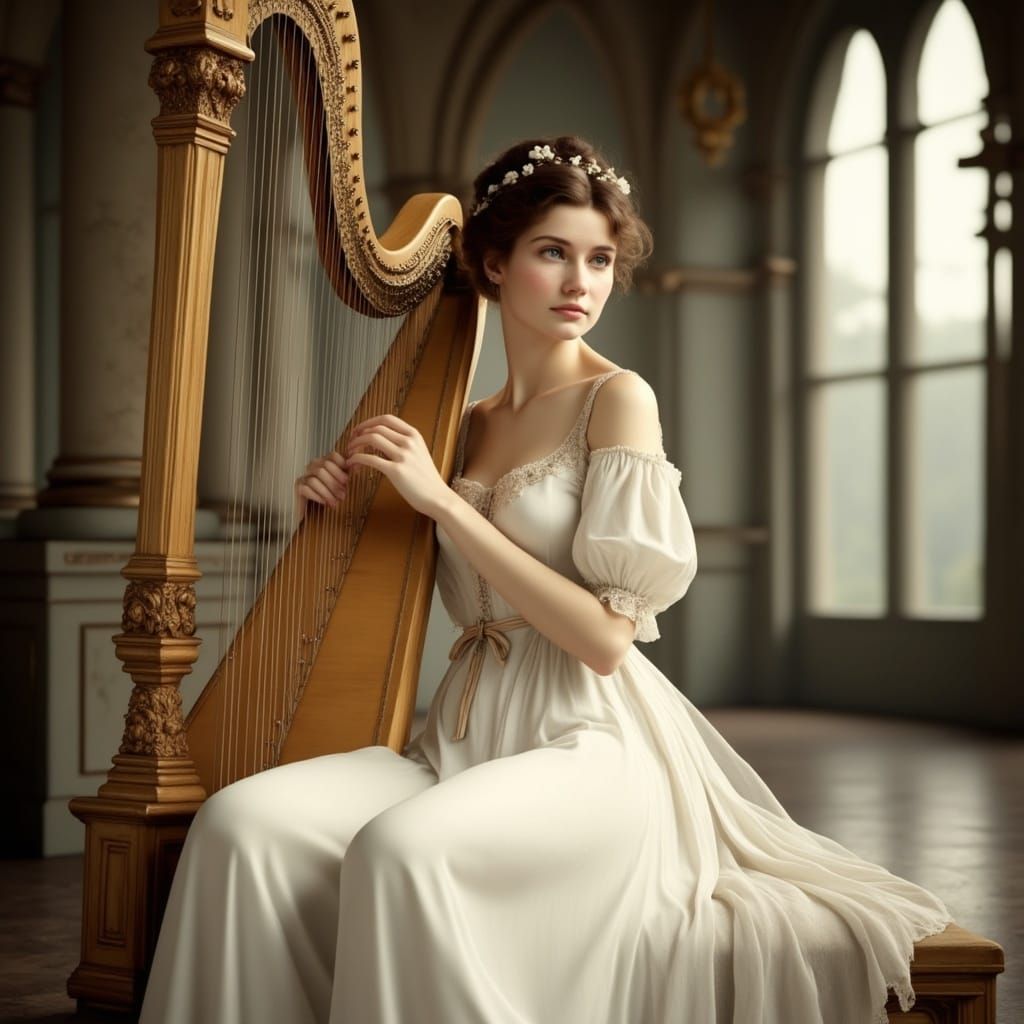 Regency Harpist in Ivory Gown
