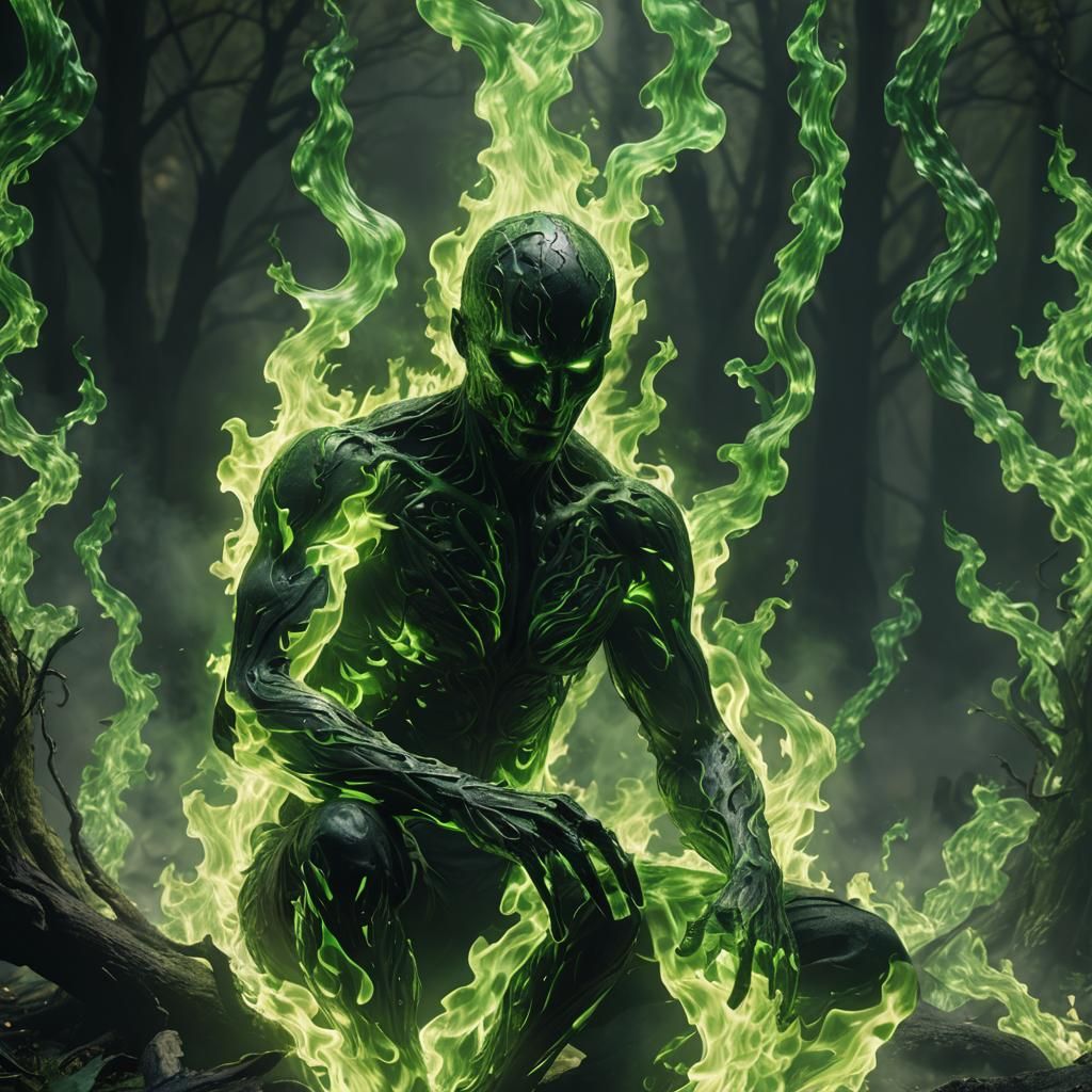 Man made of green fire