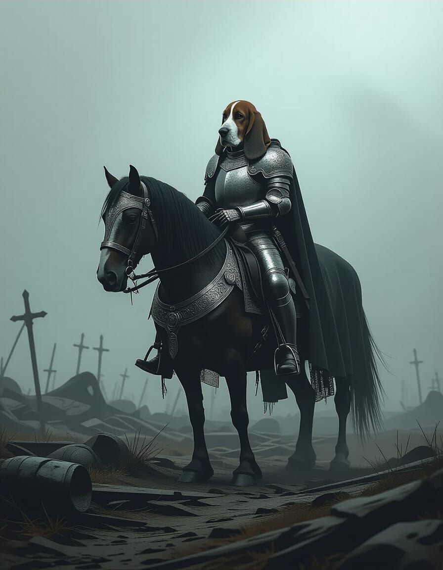 Basset Hound Knight on Shadowed Battlefield