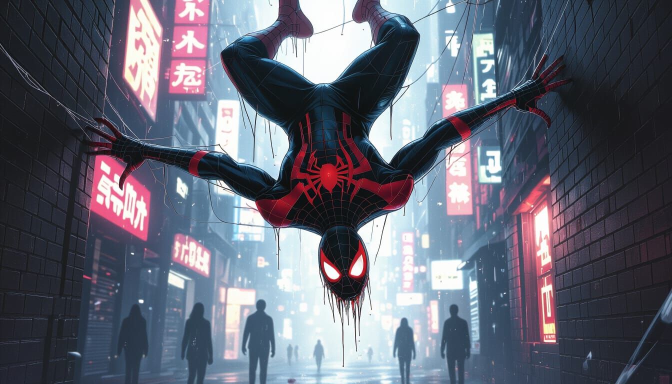 Spider-Man Horror Monster in Gritty Cyberpunk Alley