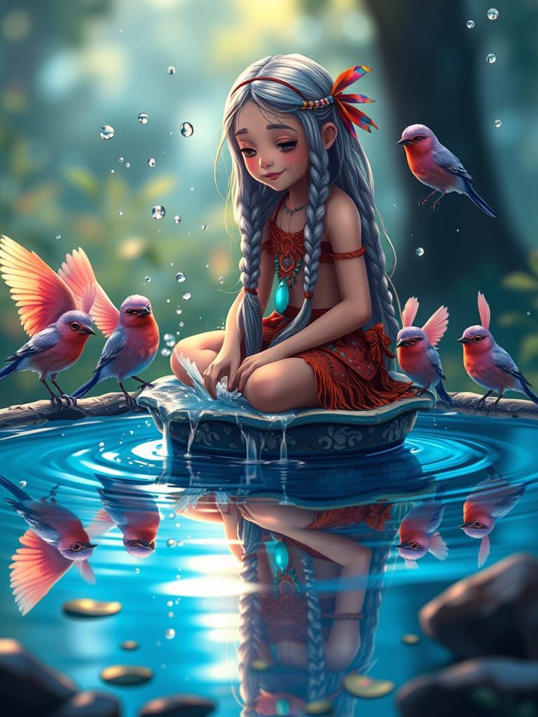 Native American Girl's Birdbath Fantasy: Ghibli-esque Art