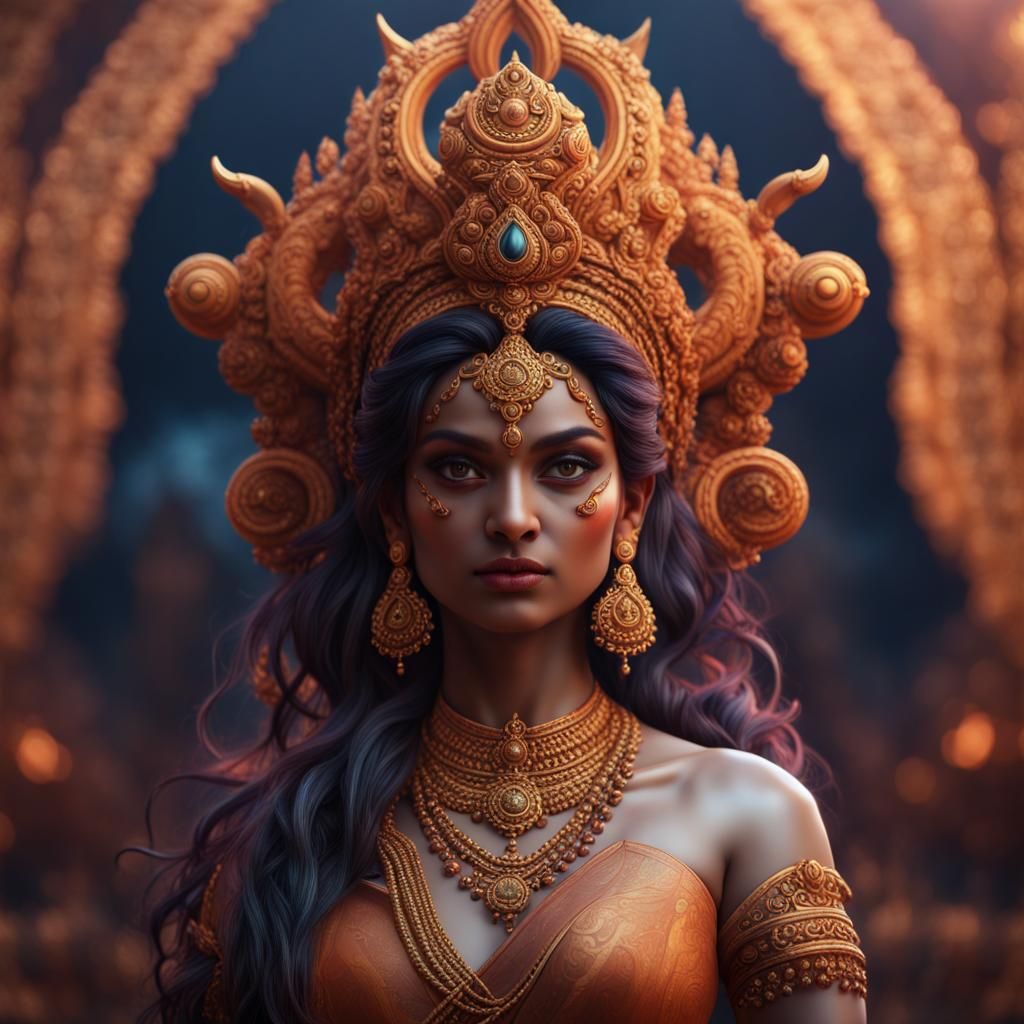 Mythical Hindu Goddess in Vibrant, Fantastical Landscape