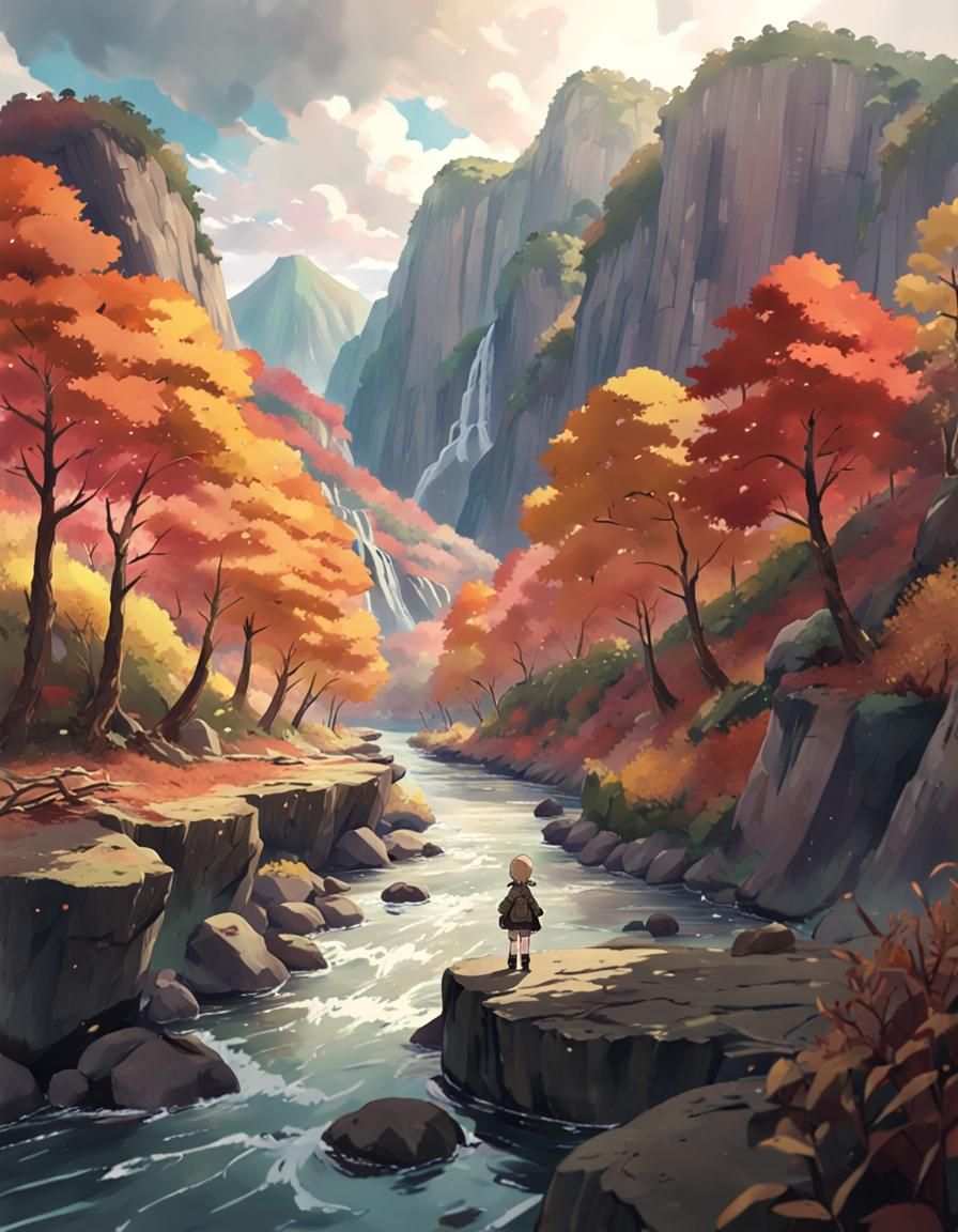 Autumn Rock River in Striking Anime Style