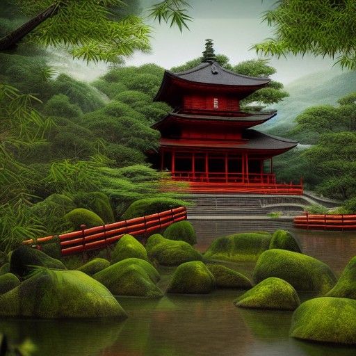 Japanese Temple in Bamboo Forest: Detailed Matte Painting