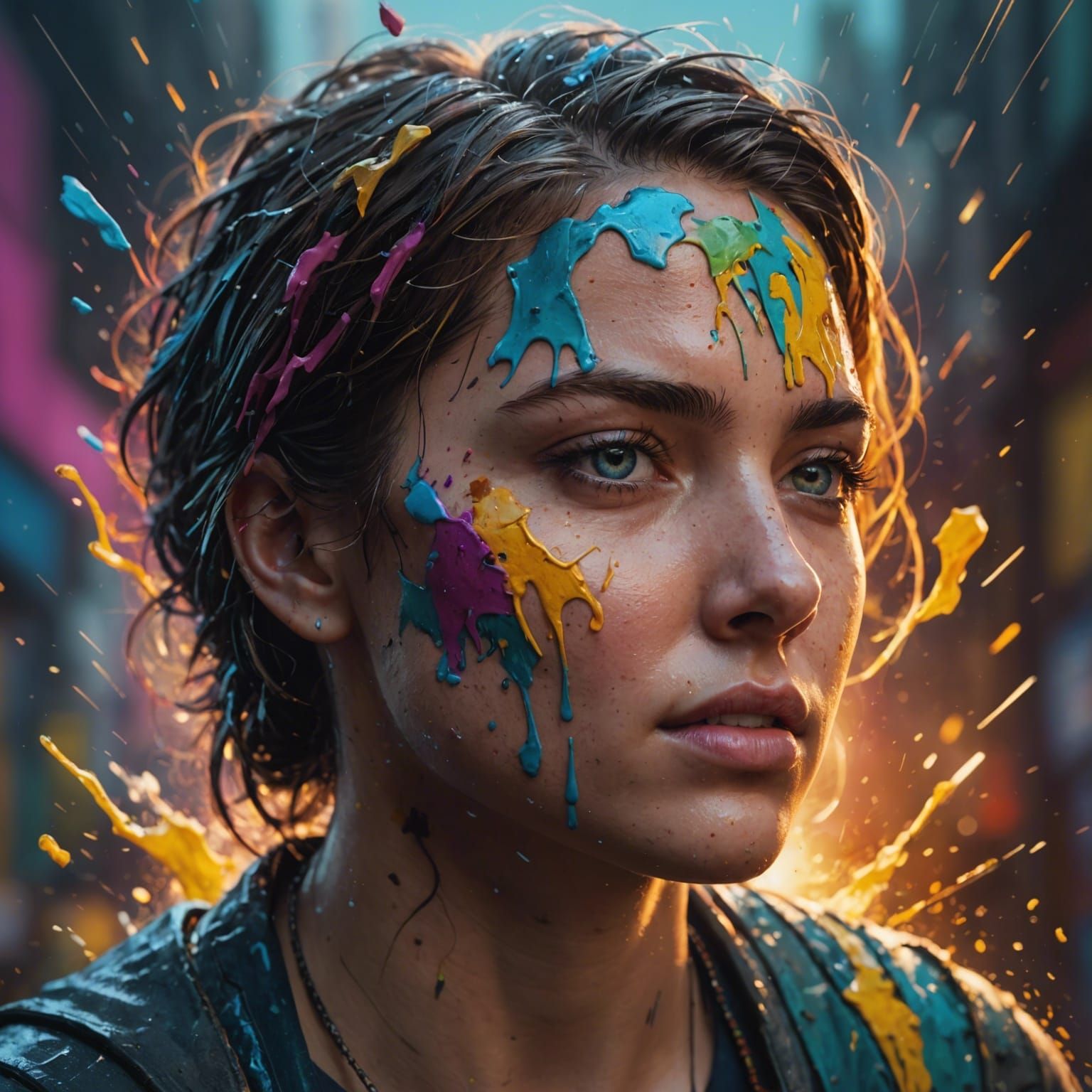 Hyperrealistic Face in Colorful Splash Art Style